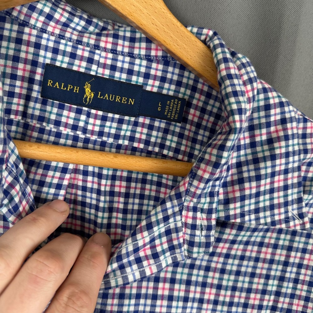 Ralph Lauren Mens Large Blue Pink Gingham Check Long Sleeve Button Down Shirt - Picture 2 of 9